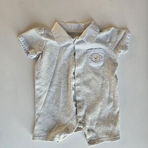 Koala Kids Light Gray And Blue Button Down Romper with Monkey Embroidery 3m
